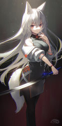 Rule 34 | 1girl, animal ear fluff, animal ears, bare shoulders, belt, belt buckle, black pantyhose, black shirt, black skirt, bracelet, breasts, buckle, commentary, feet out of frame, finger to cheek, fox ears, fox girl, fox tail, gradient background, grey background, hand up, highres, holding, holding sword, holding weapon, jewelry, long hair, long sleeves, looking at viewer, medium breasts, nekokan masshigura, off shoulder, original, pantyhose, parted lips, red background, shirt, signature, silver hair, skirt, sleeves pushed up, solo, standing, sword, symbol-only commentary, tail, very long hair, weapon