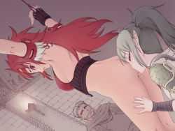 Rule 34 | 1boy, 2girls, anilingus, armpits, arms up, ass, bdsm, blush, bondage, bottomless, bound, echidna (queen&#039;s blade), green hair, licking, multiple girls, oral, pointy ears, purple eyes, queen&#039;s blade, red eyes, red hair, risty (queen&#039;s blade), watching, yuri
