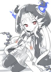 Rule 34 | 1girl, abyssal ship, black pantyhose, colored skin, dress, grey dress, hat, horns, kantai collection, looking at viewer, nassukun, new mass-produced aircraft carrier princess, pantyhose, parted lips, red eyes, simple background, sitting, solo, tail, tentacles, white hair, white skin