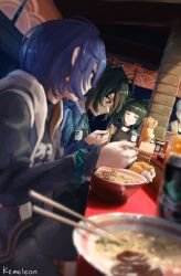 3girls absurdres belle_(zenless_zone_zero) black_hair black_shirt blue_hair blue_jacket chopsticks closed_mouth dutch_angle food green_hair highres holding holding_chopsticks holding_with_chopsticks jacket kemeleon looking_at_another metal_hairband multiple_girls noodles qingyi_(zenless_zone_zero) ramen red_eyes restaurant shirt sleeveless sleeveless_jacket upper_body zenless_zone_zero zhu_yuan