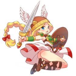 Rule 34 | 1girl, armor, ass, blonde hair, braid, floating hair, full body, green armor, helmet, hondarai, long hair, long skirt, looking at viewer, no panties, open mouth, sandals, shield, simple background, single braid, skirt, solo, sword, valkyrie (vnd), valkyrie no densetsu, weapon, white background, winged helmet