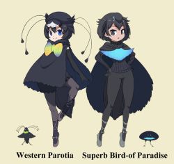 Rule 34 | 2girls, ballet slippers, bird, black cape, black eyes, black gloves, black hair, black headwear, black legwear, black shorts, black sweater, blue eyes, bow, cabbie hat, cape, character name, closed mouth, commentary request, elbow gloves, english text, frilled shorts, frills, gloves, grey footwear, hands on own hips, hat, highres, kemono friends, kemono friends 2, pantyhose under shorts, long sleeves, looking at viewer, multicolored neckwear, multiple girls, name connection, pantyhose, ribbed sweater, short hair, shorts, smile, standing, standing on one leg, superb bird-of-paradise (kemono friends), sweater, turtleneck, western parotia (kemono friends), yamaguchi yoshimi