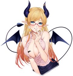 Rule 34 | 1girl, bare arms, bare shoulders, blonde hair, blue eyes, blush, breasts, center frills, cleavage, commentary request, cropped legs, demon girl, demon horns, demon tail, demon wings, fingernails, frilled shirt, frills, glasses, gradient hair, highres, hololive, horns, large breasts, long hair, looking at viewer, multicolored hair, no bra, orange hair, parted lips, pink shirt, pointy ears, shirt, simple background, sleeveless, sleeveless shirt, smile, solo, tail, tail raised, virtual youtuber, white background, wings, yuya (yuya illust), yuzuki choco, yuzuki choco (1st costume)