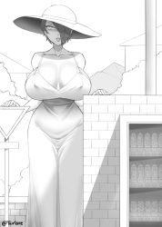 Rule 34 | 1girl, 2channel, 2channel, bare shoulders, breasts, brick wall, cleavage, collarbone, commentary, covered erect nipples, dress, fusion, greyscale, hair over one eye, hasshaku-sama, hat, highres, huge breasts, monochrome, original, outdoors, parted lips, saya (twrlare), short hair, sleeveless, sleeveless dress, solo, sun hat, sundress, tall female, twitter username, twrlare, vending machine