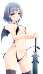 Rule 34 | 1girl, absurdres, ahoge, aqua eyes, bad id, bad pixiv id, bare shoulders, bat wings, bikini, black bikini, black hair, blue eyes, blush, breasts, closed mouth, collarbone, commentary request, contrapposto, covered erect nipples, cowboy shot, criss-cross halter, demon girl, demon tail, demon wings, fingernails, gluteal fold, groin, hair between eyes, halterneck, hands on hilt, highres, legs apart, looking at viewer, navel, o-ring, o-ring bikini, o-ring bottom, original, planted, planted sword, planted weapon, rococo, short hair, simple background, skindentation, small breasts, smile, solo, standing, stomach, string bikini, swimsuit, sword, tail, thighhighs, weapon, white background, wings
