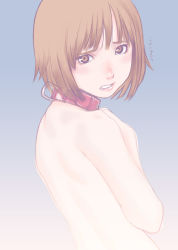 Rule 34 | 1girl, back, blush, brown eyes, brown hair, clenched teeth, collar, covering breasts, covering privates, female focus, from behind, kaieda hiroshi, lips, looking at viewer, looking back, nude, original, short hair, solo, teeth, topless frame, translated, upper body