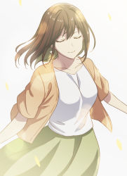 Rule 34 | 1girl, brown hair, brown jacket, closed eyes, closed mouth, earrings, facing viewer, green skirt, grey background, hair between eyes, highres, jacket, jewelry, long hair, mono lith, open clothes, open jacket, original, shirt, short sleeves, simple background, skirt, smile, solo, white shirt