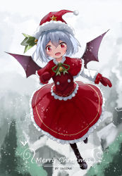 Rule 34 | 1girl, :d, absurdres, artist name, black footwear, blush, boots, capelet, christmas, commentary request, demon wings, dress, fang, flying, full body, fur trim, gloves, hat, highres, light purple hair, looking at viewer, merry christmas, open mouth, outdoors, pantyhose, pom pom (clothes), red capelet, red dress, red eyes, red gloves, remilia scarlet, santa costume, santa hat, short hair, slit pupils, smile, snowing, snozaki, solo, touhou, vampire, wings