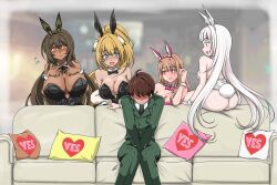 Rule 34 | 1boy, 4girls, :d, animal ears, arm support, ascot, ass, bare shoulders, black ascot, black bow, black bowtie, black gloves, black leotard, black pantyhose, blanc (nikke), blonde hair, blunt bangs, blush, bow, bowtie, breasts, brown eyes, brown hair, cleavage, closed mouth, collarbone, commander (nikke), couch, dark-skinned female, dark skin, detached collar, elbow gloves, facial tattoo, fake animal ears, fake tail, fang, fishnet pantyhose, fishnets, gloves, goddess of victory: nikke, green eyes, hair between eyes, hand on own chest, hand up, heart, highleg, highleg leotard, highres, horns, large breasts, leotard, long hair, medium breasts, multiple girls, nervous smile, noir (nikke), official alternate costume, open mouth, pantyhose, pink horns, pink leotard, playboy bunny, ponytail, rabbit ears, rabbit tail, red eyes, rupee (nikke), rupee (rabbit deluxe) (nikke), siblings, sidelocks, sisters, sitting, skin fang, smile, strapless, strapless leotard, tail, tattoo, very long hair, viper (nikke), viper (toxic rabbit) (nikke), white hair, white leotard, white nails, white pantyhose, wrist cuffs, yellow bow, yellow bowtie, yellow eyes, yes-no pillow, zchronicle