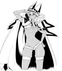 Rule 34 | 10mo, 1girl, arm up, bandeau, belt bra, breasts, brown eyes, cape, cropped legs, dark-skinned female, dark skin, greyscale, guilty gear, guilty gear xrd, hair between eyes, hand on own hip, highres, long hair, looking afar, micro shorts, midriff, monochrome, navel, parted lips, ramlethal valentine, shorts, simple background, skindentation, small breasts, solo, spot color, thigh strap