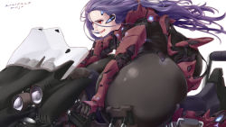Rule 34 | 1girl, bodysuit, breasts, earpiece, gigantic breasts, hair slicked back, highres, impossible bodysuit, impossible clothes, licking lips, mnjs, motor vehicle, original, power suit, purple hair, red eyes, science fiction, skin tight, solo, tongue, tongue out