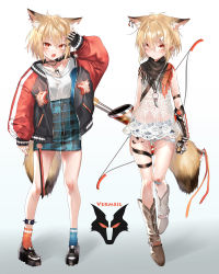 Rule 34 | 1girl, absurdres, alternate costume, animal ear fluff, animal ears, arknights, arrow (projectile), asymmetrical legwear, bandaid, bandaid on knee, bandaid on leg, black footwear, blonde hair, blue legwear, blue skirt, blush, boots, bow (weapon), brown footwear, character name, cowboy boots, dress, ear piercing, fang, gradient background, hair between eyes, hair ornament, hairclip, high-waist skirt, highres, jacket, jewelry, long sleeves, material growth, mismatched legwear, multiple views, necklace, notched ear, open mouth, orange eyes, orange socks, originium arts (arknights), oripathy lesion (arknights), piercing, plaid, plaid skirt, platform footwear, pottsness, prosthesis, prosthetic arm, quiver, scarf, see-through, shirt, short hair, shorts, simple background, skin fang, skirt, sleeveless, sleeveless dress, socks, tail, thigh strap, tooth necklace, vermeil (arknights), weapon, white dress, white shirt