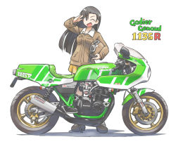 Rule 34 | 1girl, ;d, asymmetrical bangs, black eyes, black footwear, black hair, boots, brown headwear, brown jacket, commentary, girls und panzer, goggles, goggles on headwear, helmet, holding, holding helmet, jacket, kawasaki, kawasaki 1135r, logo, long hair, long sleeves, looking at viewer, military, military uniform, miniskirt, nishi kinuyo, one eye closed, open mouth, pleated skirt, salute, shadow, shirt, simple background, skirt, smile, solo, standing, star (symbol), tewarusa, uniform, white background, white shirt, yellow skirt