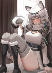 Rule 34 | 1girl, :o, absurdres, animal ears, arknights, black bracelet, black cape, black footwear, blush, boots, braid, breasts, cape, dress, fur-trimmed boots, fur trim, grey eyes, grey hair, grey thighhighs, hair between eyes, has bad revision, has downscaled revision, highres, infection monitor (arknights), knee boots, knees up, large breasts, leopard ears, leopard girl, leopard tail, long hair, looking at viewer, md5 mismatch, parted lips, pramanix (arknights), resolution mismatch, ri qing, scarf, side braids, sitting, solo, source smaller, tail, tail grab, thighhighs, thighs, tiara, wavy hair, white dress, white scarf