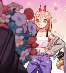 Rule 34 | 1girl, 2boys, artist name, bare shoulders, black hair, black jacket, blonde hair, blue flower, blue pants, blurry, blurry foreground, bouquet, breasts, camisole, chainsaw man, cleavage, commentary request, cowboy shot, crop top, cross-shaped pupils, demon girl, demon horns, denim, denji (chainsaw man), flower, gradient background, grey jacket, hair between eyes, hand on own hip, hayakawa aki, high ponytail, highres, holding, holding bouquet, horns, jacket, jeans, lianbiglian, long hair, long hair between eyes, long sleeves, midriff, multiple boys, navel, off shoulder, pants, pink background, power (chainsaw man), red flower, red horns, red rose, rose, short ponytail, sparkle, standing, stomach, symbol-shaped pupils, very long hair, white flower, yellow eyes