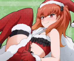 Rule 34 | 1girl, bertha bernstein, bioroid hei, blush, curled up, fang, fang out, flat chest, from side, fur trim, gloves, hat, looking at viewer, orange hair, red eyes, red gloves, red hat, red skirt, santa costume, santa hat, skin fang, skirt, smile, solo, super robot wars, super robot wars x-omega, thighhighs, twintails