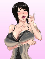 Rule 34 | 1girl, asou misaki, black hair, blush, breasts, brown eyes, covered erect nipples, fatal frame, fatal frame 4, fellatio gesture, female focus, huge breasts, lipstick, looking at viewer, makeup, ml, nail polish, open mouth, pink lips, pink nails, sexually suggestive, short hair, simple background, solo, standing, teeth, tongue, tongue out