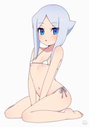 Rule 34 | 10s, 1girl, bare arms, bare legs, bare shoulders, between legs, bikini, blush, breasts, collarbone, eyes visible through hair, female focus, full body, future card buddyfight, hand between legs, looking to the side, moyori, navel, outside border, parted lips, seiza, short hair with long locks, side-tie bikini bottom, signature, sitting, small breasts, sofia sakharov, solo, swimsuit, white background, white bikini