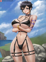 Rule 34 | 1girl, arms under breasts, bikini, blue eyes, blush, bracelet, breasts, collar, crossed arms, curvy, doll (one piece), earrings, female focus, gluteal fold, jewelry, kyopink, large breasts, mole, mole on breast, nail polish, navel, one piece, short hair, solo, spiked collar, spikes, sweat, swimsuit, tattoo, underboob, wide hips