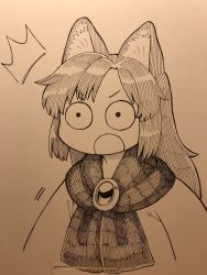 Rule 34 | 1girl, :o, ^^^, aged down, animal ear fluff, animal ears, female focus, gem, gradient background, highres, imaizumi kagerou, long hair, looking at viewer, marker (medium), monochrome, open mouth, poronegi, scarf, solo, surprised, touhou, traditional media, upper body, wide-eyed, wolf ears