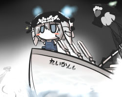 Rule 34 | 10s, 1girl, blue eyes, blush stickers, boat, chibi, commentary request, enemy aircraft (kancolle), fishing, fishing net, goma (gomasamune), grey hair, hands on own hips, hat, kantai collection, knee up, lights, night, overalls, radar dish, sketch, sparkle, translation request, watercraft, wo-class aircraft carrier
