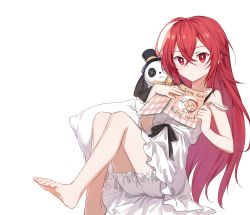 Rule 34 | 1girl, barefoot, black ribbon, book, closed mouth, closers, dress, frown, hair between eyes, highres, holding, hujitaumi, long hair, looking at viewer, off shoulder, open book, pillow, red eyes, red hair, ribbon, seth (closers), short shorts, shorts, shorts under dress, simple background, sleeveless, sleeveless dress, solo, stuffed animal, stuffed toy, sundress, very long hair, white background, white dress, white shorts