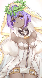 Rule 34 | 1girl, blush, cosplay, dark skin, dark-skinned female, fate/grand order, fate/prototype, fate/prototype: fragments of blue and silver, fate (series), female focus, hassan of serenity (fate), highres, l.u.y, purple eyes, purple hair, saber bride (cosplay), short hair, smile, solo