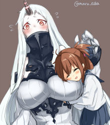 Rule 34 | 10s, 2girls, ^ ^, abyssal ship, blush, breast pillow, breasts, brown background, brown hair, claws, closed eyes, covered mouth, dress, flying sweatdrops, folded ponytail, horns, hug, huge breasts, inazuma (kancolle), kantai collection, maruki (punchiki), multiple girls, red eyes, ribbed dress, ribbed sweater, school uniform, seaport princess, serafuku, simple background, single horn, smile, sweatdrop, sweater, sweater dress, twitter username, white hair