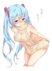 Rule 34 | 1girl, blue eyes, blue hair, blush, breasts, clothes tug, hatsune miku, highres, kusoyuridanchi, leaning forward, legs together, long hair, meme attire, sideboob, simple background, solo, sweatdrop, sweater, sweater tug, thighs, twintails, very long hair, virgin killer sweater, vocaloid, white background