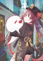 Rule 34 | 1girl, absurdres, alley, ass, black hat, blush, breasts, brown hair, chinese clothes, commentary request, commission, facing to the side, flower, genshin impact, ghost, hair between eyes, hat, hat flower, highres, holding, hu tao (genshin impact), jewelry, long hair, long sleeves, looking at viewer, nayuuchan, open mouth, outdoors, pixiv commission, rain, red eyes, shorts, small breasts, solo, symbol-shaped pupils, thighs, twintails, very long hair, water drop