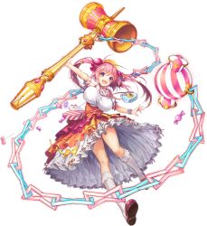 Rule 34 | 1girl, arm up, bag, bouncing breasts, breasts, candy, candy wrapper, dress, feet, floating hair, food, full body, hammer, handbag, happy, highres, holding, holding hammer, holding weapon, large breasts, legs, long hair, looking at viewer, open mouth, outstretched arms, pink hair, purple eyes, shoes, smile, socks, solo, standing, thighs, transparent background, twintails, unaligned breasts, unitia, weapon