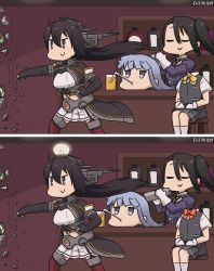 Rule 34 | 3girls, bar (place), bartender, black gloves, black hair, blouse, blue eyes, blue hair, bottle, bow, coat, commentary request, counter, dated, disembodied head, drinking, drinking straw, dullahan, elbow gloves, closed eyes, feet out of frame, fingerless gloves, gloves, grey skirt, grey vest, hamu koutarou, hatsukaze (kancolle), headgear, headless, highres, hime cut, kantai collection, light bulb, long hair, military, military uniform, miniskirt, multiple girls, nachi (kancolle), nagato (kancolle), one-hour drawing challenge, pleated skirt, red bow, red eyes, remodel (kantai collection), school uniform, shelf, shirt, side ponytail, sitting, skirt, spot the differences, thighhighs, throwing, uniform, vest, white gloves, white hair, white shirt, white skirt
