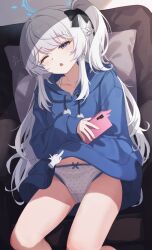 Rule 34 | 1girl, blue archive, blue halo, blue hoodie, braid, cellphone, couch, crown braid, feet out of frame, grey hair, halo, highres, holding, holding phone, hood, hoodie, long hair, long sleeves, miyako (blue archive), miyako (young) (blue archive), one eye closed, one side up, open mouth, panties, phone, ripnte, sitting, smartphone, solo, underwear, white panties