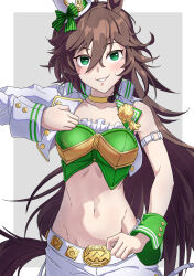 Rule 34 | 1girl, absurdres, animal ears, arm strap, blush, border, bow, breasts, brown hair, choker, commentary request, crop top, giorno giovanna&#039;s pose (jojo), green bow, green eyes, green shirt, grey background, grin, groin, hair between eyes, hat, hat bow, highres, horse ears, horse girl, jacket, jojo no kimyou na bouken, jojo pose, kimihitsuji, long hair, long sleeves, looking at viewer, medium breasts, midriff, mini hat, mini top hat, mr. c.b. (umamusume), navel, open clothes, open jacket, outside border, pants, shirt, simple background, single bare shoulder, single sleeve, smile, solo, stomach, strapless, strapless shirt, tail, top hat, umamusume, vento aureo, very long hair, white border, white hat, white jacket, white pants, wrist cuffs, yellow choker