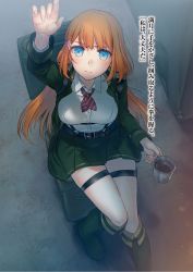 Rule 34 | 1girl, arm up, belt, blue eyes, boots, cup, dress shirt, floating hair, from above, green footwear, green jacket, hair ornament, hairclip, highres, holding, holding cup, indoors, jacket, kippu, knee boots, long hair, looking at viewer, looking up, military, military uniform, miniskirt, non-web source, novel illustration, official art, open clothes, open jacket, orange hair, pleated skirt, shirt, sitting, skirt, solo, taimadou gakuen 35 shiken shoutai, thigh strap, uniform, very long hair, white shirt