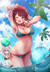 Rule 34 | 2girls, :d, :o, ahoge, alt (ctrldel), armpits, arms up, atelier (series), atelier sophie, ball, bare legs, bikini, black bikini, blue sky, blunt bangs, breasts, brown eyes, choker, cleavage, cloud, commentary request, day, graphite (medium), green bikini, green eyes, hair ornament, halterneck, highres, holding, holding ball, medium breasts, multiple girls, navel, one eye closed, open mouth, outdoors, palm tree, partially submerged, plachta, purple hair, red hair, shirt, unworn shirt, side-tie bikini bottom, sidelocks, sky, smile, sophie neuenmuller, sparkle, standing, string bikini, swimsuit, traditional media, tree, twintails, undressing, water, wet, wet clothes, wet shirt, white shirt