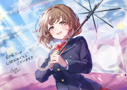 Rule 34 | 1girl, animal hood, azusagawa kaede, blazer, blue jacket, blue sailor collar, blush, bow, bowtie, brown eyes, brown hair, different reflection, holding, holding umbrella, hood, jacket, looking at viewer, multicolored sky, open mouth, panda hood, red bow, red bowtie, reflection, sailor collar, seishun buta yarou, shinishi chiho, signature, sky, solo, transparent, transparent umbrella, umbrella