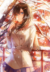 Rule 34 | 1girl, blue eyes, blush, branch, brown hair, closed mouth, coat, commentary request, hair ornament, hairclip, leaf, long hair, looking at viewer, original, peacoat, pleated skirt, railing, skirt, snow, solo, standing, tsugutoku, white coat, winter