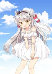 Rule 34 | 10s, 1girl, :d, amatsukaze (kancolle), bare shoulders, between legs, blue sky, cloud, cloudy sky, day, dress, fang, gradient background, hair tubes, hairband, hand between legs, hand on own thigh, hand on thigh, hat, highres, kantai collection, leaning forward, long hair, looking at viewer, mini hat, off shoulder, open mouth, outdoors, silver hair, sky, smile, solo, sundress, swept bangs, tareme, two side up, white dress, yellow eyes, yoshikita popuri