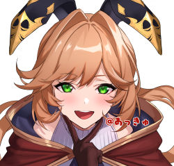 Rule 34 | 1girl, :d, blush, brown gloves, brown hair, cape, character request, gloves, granblue fantasy, green eyes, hand up, highres, long hair, looking at viewer, open mouth, ponytail, red cape, simple background, smile, solo, ulrich (tagaragakuin), upper body, v, white background