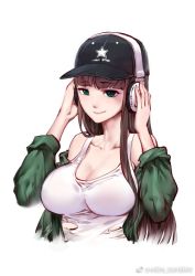 Rule 34 | 1girl, artist request, baseball cap, blunt bangs, breasts, brown hair, cleavage, closed mouth, collarbone, green eyes, hands on headphones, hat, headphones, large breasts, long hair, off shoulder, original, sidelocks, simple background, sleeves rolled up, smile, solo, tank top, torn clothes, upper body, watermark, white background