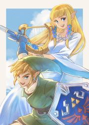 Rule 34 | 1boy, 1girl, absurdres, belt, black shirt, blonde hair, blue eyes, blunt bangs, border, breasts, cloud, cloudy sky, collarbone, dress, earrings, gloves, green headwear, green tunic, highres, holding, holding instrument, holding shield, holding sword, holding weapon, hylian shield, instrument, jewelry, layered clothes, link, long dress, long hair, long sleeves, looking at viewer, lyre, medium breasts, nintendo, open mouth, pointy ears, princess zelda, shield, shirt, short hair, sidelocks, sky, smile, sword, takapon-o-ji, teeth, the legend of zelda, the legend of zelda: skyward sword, thick eyebrows, upper body, upper teeth only, weapon, white dress, white shirt, wide sleeves