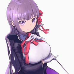 Rule 34 | 1girl, absurdres, bb (fate), bb (fate/extra), black coat, blush, breasts, coat, daisi gi, fate/extra, fate/extra ccc, fate (series), gloves, hair ribbon, high-waist skirt, highres, large breasts, leotard, long hair, long sleeves, looking at viewer, neck ribbon, open clothes, open coat, popped collar, purple eyes, purple hair, red ribbon, ribbon, skirt, smile, solo, very long hair, wand, white gloves, white leotard, wide sleeves