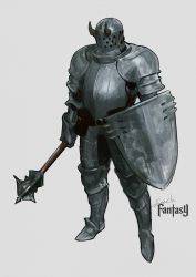 Rule 34 | 1other, absurdres, ambiguous gender, armor, armored boots, boots, breastplate, fake horns, full armor, full body, gauntlets, grey background, helm, helmet, highres, holding, holding shield, holding weapon, horned helmet, horns, mace, original, shield, shoulder plates, simple background, sonech, standing, weapon