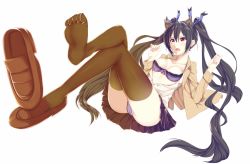 Rule 34 | 10s, 1girl, animal ears, black hair, black thighhighs, blazer, bra, breasts, brown thighhighs, cat ears, cleavage, crotch, feet, foot focus, hair ornament, hair ribbon, hews, jacket, long hair, neptune (series), noire (neptunia), open clothes, open mouth, open shirt, panties, pantyshot, pleated skirt, purple bra, purple panties, red eyes, ribbon, shirt, shoe loss, shoes, simple background, single shoe, skirt, soles, solo, thighhighs, toes, twintails, underwear, upskirt, very long hair, white background