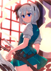 Rule 34 | 1girl, aqua skirt, aqua vest, black hairband, black ribbon, blue eyes, blush, buckle, closed mouth, colored eyelashes, commentary request, cowboy shot, from side, glint, hair ribbon, hairband, highres, indoors, konpaku youmu, konpaku youmu (ghost), looking at viewer, looking to the side, mismatched eyelashes, ribbon, sazanami mio, sheath, sheathed, short hair, short sleeves, silver hair, skirt, smile, solo, standing, sword, thighs, touhou, weapon, window