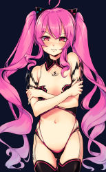 Rule 34 | 1girl, ahoge, bikini, black background, black bikini, black collar, black thighhighs, blush, body blush, breasts, cameltoe, clenched teeth, collar, commentary request, cowboy shot, detached collar, gluteal fold, grace (sound voltex), hair between eyes, highres, long hair, looking at viewer, maremay0513, navel, pink hair, red eyes, skin tight, small breasts, solo, sound voltex, sound voltex iii gravity wars, standing, strapless, strapless bikini, sweat, swimsuit, teeth, thighhighs, twintails