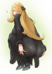Rule 34 | 1girl, absurdres, ass, blonde hair, blush, breasts, colored skin, creatures (company), cynthia (pokemon), dated, fur trim, game freak, gradient background, hair ornament, hair over one eye, heart, high heels, highres, ikuchan kaoru, large breasts, long hair, multicolored skin, nintendo, pantylines, pokemon, pokemon dppt, skin tight, smile, solo, squatting