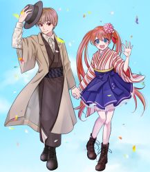 Rule 34 | 1boy, 1girl, :d, black hat, blue background, blue eyes, blue skirt, blush, boots, bow, brown coat, brown footwear, brown hair, brown kimono, coat, floating hair, gintama, hair between eyes, hair bow, hat, high-waist skirt, highres, holding, holding clothes, holding hands, holding hat, japanese clothes, kagura (gintama), kimono, kuroneko w1nter, long hair, long sleeves, looking at viewer, okita sougo, open clothes, open coat, open mouth, pink bow, pleated skirt, red eyes, skirt, smile, standing, star (symbol), star print, striped clothes, striped kimono, twintails, very long hair, white legwear, wide sleeves