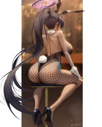 Rule 34 | 1girl, absurdly long hair, absurdres, animal ears, ass, backless outfit, bare back, bare shoulders, black hair, black leotard, blue archive, blush, breasts, covered mouth, dark-skinned female, dark skin, detached collar, fake animal ears, fake tail, fishnet pantyhose, fishnets, from behind, full body, gloves, halo, hand on own thigh, high heels, high ponytail, highleg, highleg leotard, highres, karin (blue archive), karin (bunny) (blue archive), kkuni, large breasts, leotard, long hair, looking at viewer, looking back, median furrow, official alternate costume, on stool, pantyhose, pillarboxed, playboy bunny, ponytail, rabbit ears, rabbit tail, shoulder blades, side-tie leotard, sidelocks, signature, sitting, solo, stool, strapless, strapless leotard, tail, twitter username, very long hair, white background, white gloves, yellow eyes